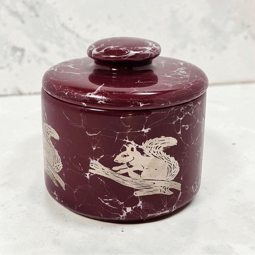 Maroon Faux Marble Squirrel Jar Ceramic Cottagecore Candy Nut Storage Canister